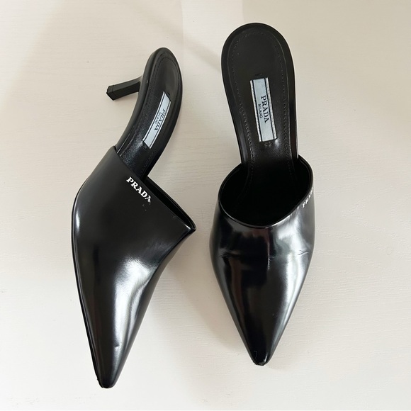 Prada Shoes - Prada Black Leather Kitten Heel Mules Pointed Toe Logo Size EU 36.5